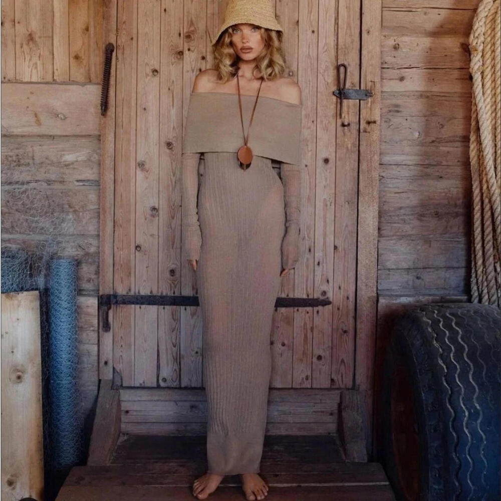 Helsa Justin Knit Off the Shoulder Sheer Long Sleeve Beige Maxi Dress S $258msrp - Picture 2 of 11